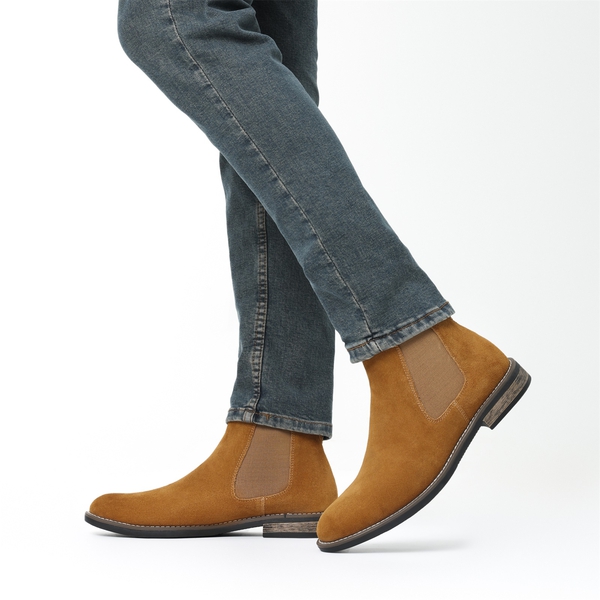 Men's Plain-Toe Suede Chelsea Boots - CAMEL - 7